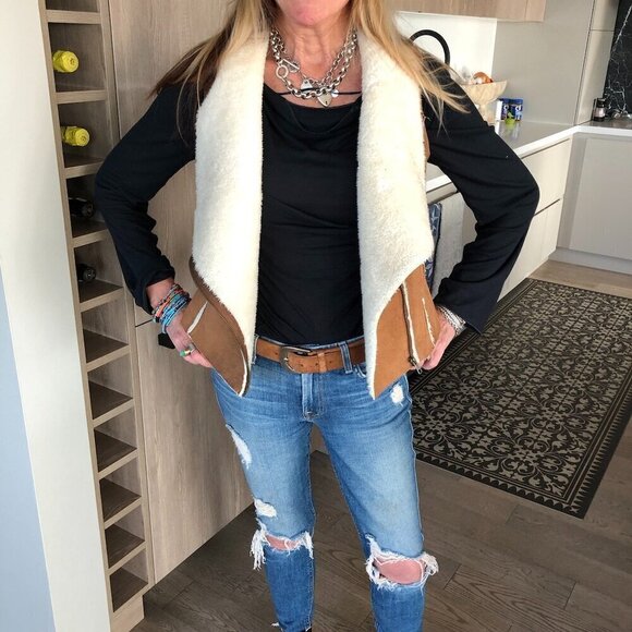 NAMELESS Faux Sherpa Vest Jacket Thick Warm Sleeveless Cognac & Cream Moto Zip S - Picture 6 of 16